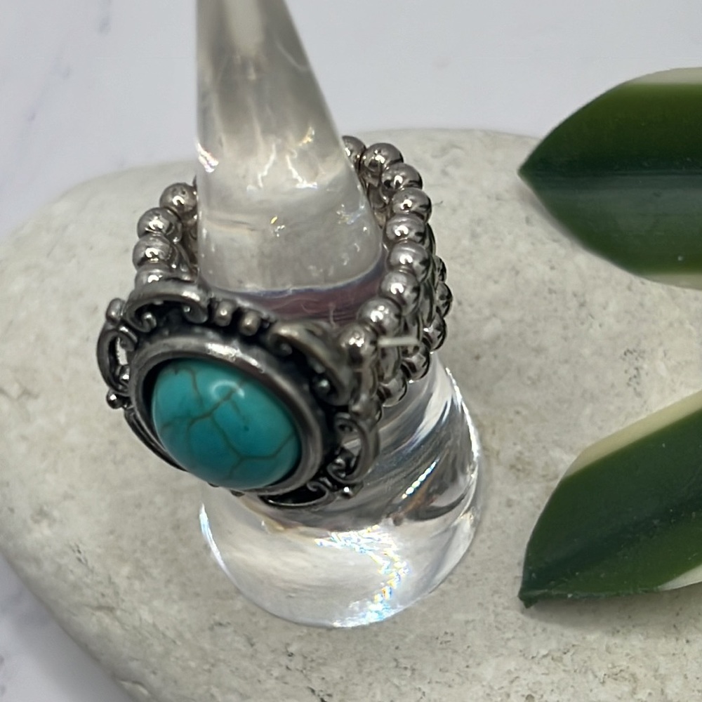 Faux Turquoise Button Stretch Ring. - image 4